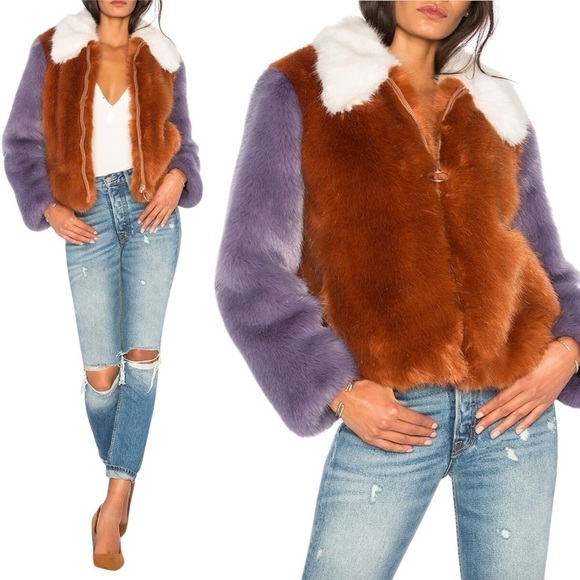 LPA *Celebrity Favorite* Faux Fur Color Block Jacket 413 in Rust & Lilac - Picture 2 of 16